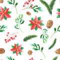 Christmas watercolor seamless pattern.Red poinsettia flower,holly,berry,mistletoe,leaves,green pine,spruce on black Royalty Free Stock Photo