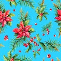 Christmas watercolor seamless pattern.Red poinsettia flowers,Holly, leaves Royalty Free Stock Photo