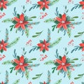 Christmas watercolor seamless pattern.Red poinsettia flowers,Holly, leaves,berries,pine,spruce Royalty Free Stock Photo