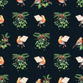 Christmas watercolor seamless pattern with robin bird.Green twigs leaves,berries,pine
