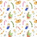 Christmas watercolor seamless pattern with tigers. A tiger in a New Years sock, a tiger playing with a ball. Christmas