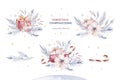 Christmas watercolor set of bouquets elements. Winter isolated illustration. Holiday design with snowman.New year Royalty Free Stock Photo