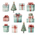 Christmas watercolor set, different green gift boxes with red bows and Christmas trees decorated with balls. New Royalty Free Stock Photo