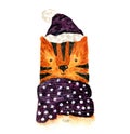 Christmas watercolor tiger in big purple scarf