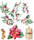 Christmas watercolor twigs with green leaves and red berries, bells and Poinsettia flower Royalty Free Stock Photo