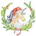 Christmas watercolor unicorn with floral wreaths and santa hat