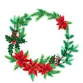 CHRISTMAS WREATH WITH POINSETTIA RED FLOWERS Royalty Free Stock Photo