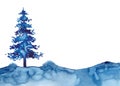 Christmas Watercolour Blue Tree Design Background in Watercolor style XMAS pine tree and snow isolated illustration of