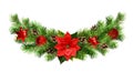 Christmas waved garland with red pionsettia flower, pine twigs and decorations Royalty Free Stock Photo