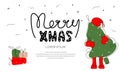 Christmas web landing page with quote lettering MERY XMAS and cute Santa Claus. The vector illustration xmas web