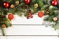 Christmas, white background with fir tree and decoration on white wooden board. Christmas wallpaper. Christmas, New Year`s composi Royalty Free Stock Photo