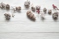 Christmas white background. Rustic garland with fir cones, red berries and snowy stars. Copy space below Royalty Free Stock Photo