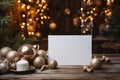 Christmas white card mockup for place design elements template on a blank paper with luxury ball ornaments on a wooden table with