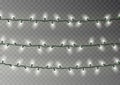 Christmas white lights string. Transparent effect decoration isolated on dark background. Realistic