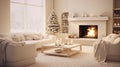 Christmas, white modern living room with fireplace and snowy forest outside the window. Modern interior design Royalty Free Stock Photo