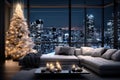 Christmas, white modern living room, night city outside the window. Modern interior design Royalty Free Stock Photo