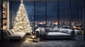 Christmas, white modern living room, night city outside the window. Modern interior design Royalty Free Stock Photo