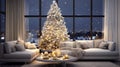 Christmas, white modern living room, night city outside the window. Modern interior design Royalty Free Stock Photo