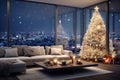 Christmas, white modern living room, night city outside the window. Modern interior design Royalty Free Stock Photo