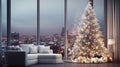 Christmas, white modern living room, night city outside the window. Modern interior design Royalty Free Stock Photo