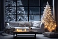 Christmas, white modern living room with a snowy forest outside the window. Modern interior design Royalty Free Stock Photo