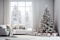 Christmas, white modern living room with a snowy forest outside the window. Modern interior design Royalty Free Stock Photo