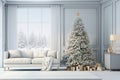 Christmas, white modern living room with a snowy forest outside the window. Modern interior design Royalty Free Stock Photo