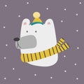 Christmas white polar bear head. Illustration of cute cartoon bear in warm yellow hat and scarf for greeting cards Royalty Free Stock Photo