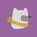 Christmas white polar bear head. Illustration of cute cartoon bear in warm yellow scarf for greeting cards, prints Royalty Free Stock Photo