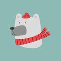 Christmas white polar bear head. Illustration of cute cartoon bear in warm red hat and scarf for greeting cards, prints Royalty Free Stock Photo