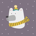 Christmas white polar bear head. Vector illustration of cute cartoon bear in warm yellow hat and scarf for greeting Royalty Free Stock Photo