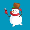 Christmas white snowman in hat and scarf with candy for celebration new year vector illustration Royalty Free Stock Photo
