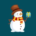 Christmas white snowman in hat and scarf with winter xmas present for celebration new year vector illustration Royalty Free Stock Photo