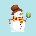 Christmas white snowman in hat and scarf with winter xmas present for celebration new year vector illustration Royalty Free Stock Photo