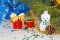 Christmas white teddy bear with decorations under the Christmas Royalty Free Stock Photo