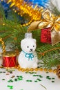 Christmas white teddy bear with decorations Royalty Free Stock Photo