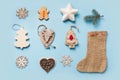 Christmas collection with snowflakes, reindeer, star, burlap boot for mock up. Template, design. Flat lay. View from above Royalty Free Stock Photo