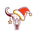Christmas Wild West illustration with bull skull and Santa hat
