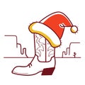 Christmas Wild West illustration with cowboy boot and Santa hat on American desert Royalty Free Stock Photo