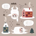 Christmas wild winter vector cute set with Yeti characters, Bigfoot, stones, houses, snow, christmas tree in scandinavian Boho