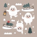 Christmas wild winter vector cute set with Yeti characters, Bigfoot, stones, sledge, gifts, snow, christmas tree, a warming candle