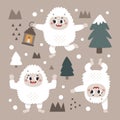 Christmas wild winter vector cute set with Yeti characters, Bigfoot, stones, snow, christmas tree, a warming candle, lantern in