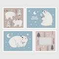 Christmas wild winter vector cute cards with Polar Bears, baby bear, Christmas trees, decorative elements, new year