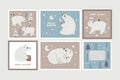 Christmas wild winter vector cute cards with Polar Bears, baby bear, Christmas trees, decorative elements, new year