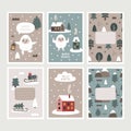 Christmas wild winter vector cute cards with Yeti characters, Bigfoot, stones, snow, Christmas tree, a warming candle