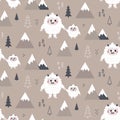 Christmas wild winter vector cute seamless pattern with Yeti characters, Baby Yeti, Bigfoot, stones, mountains