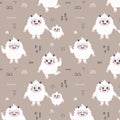 Christmas wild winter vector cute seamless pattern with Yeti characters, Baby Yeti, Bigfoot, stones, plants in