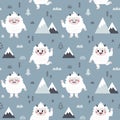 Christmas wild winter vector cute seamless pattern with Yeti characters, Bigfoot, stones, mountains, christmas tree