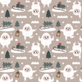 Christmas wild winter vector cute seamless pattern with Yeti characters, Bigfoot, stones, sleigh, christmas tree, gifts