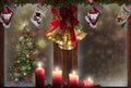 Christmas window,candles,gold bells,stockings,tree decorations,snow background for greeting card Royalty Free Stock Photo